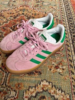 adidas Pink Suede Sneakers with Green Stripes